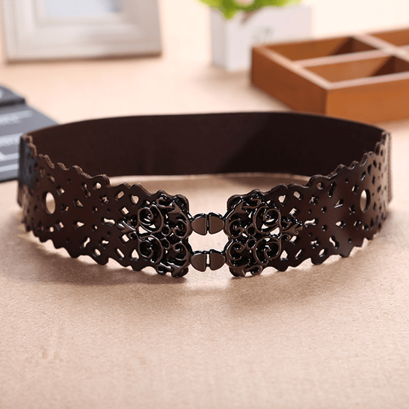 Women First Layer Leather Hollow Belts Elastic Stretchable Metal Button Waistband - MRSLM