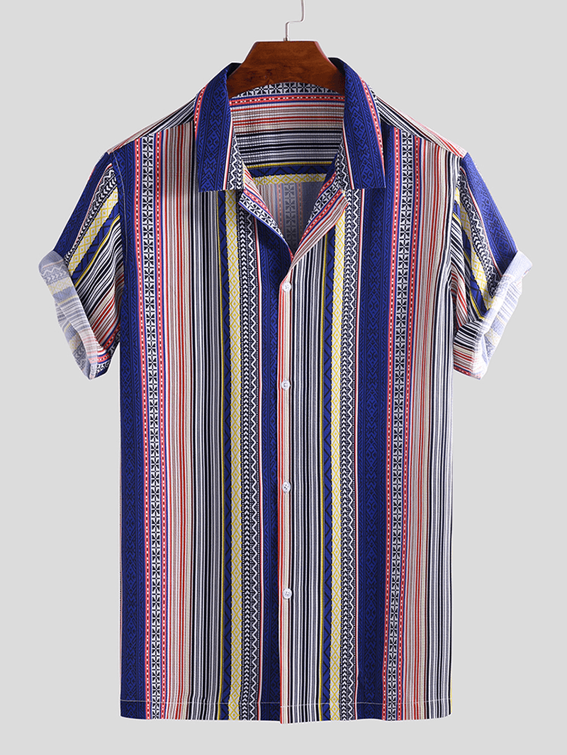 Men Ethnic Stripe Print Short Sleeve Relaxed Hawaiian Shirts - MRSLM