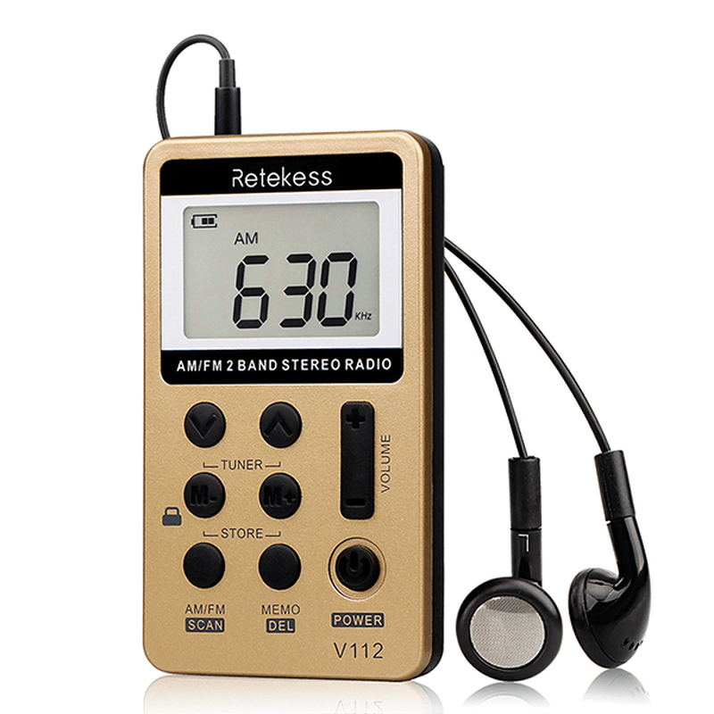 Retekess V-112 Gold Portable AM FM Stereo Radio with Earphones Pocket Mini Digital Tuning Rechargeable Battery Operated Radio LCD Display Radio for Walk - MRSLM