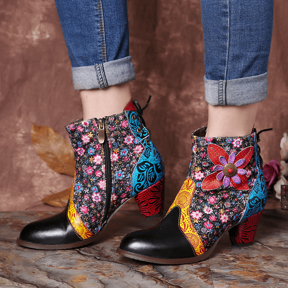 Women Retro Leaf Flower Leather Comfy Zipper Ankle Boots - MRSLM