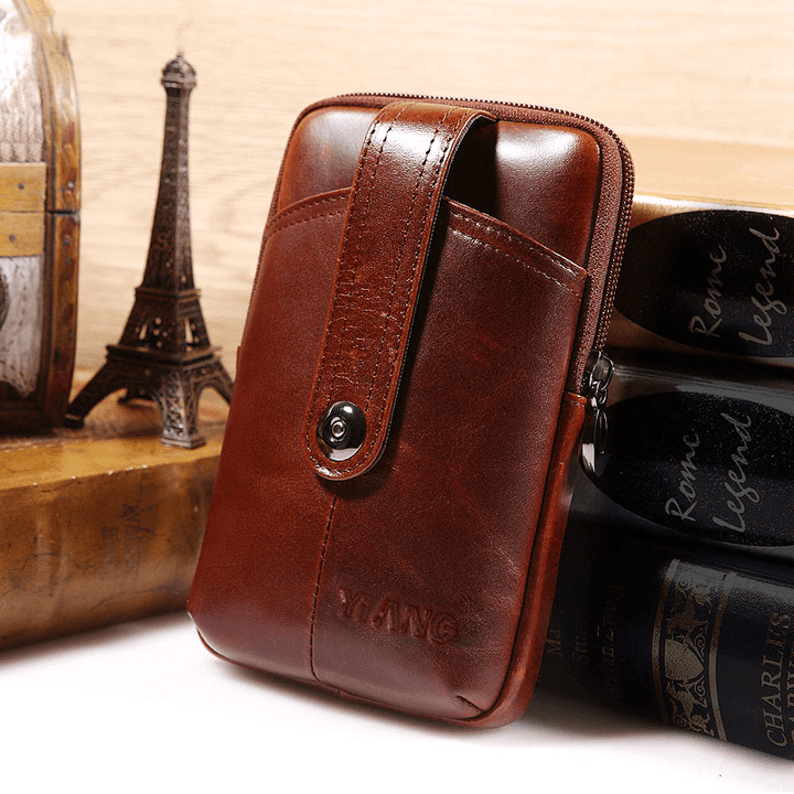 Men Genuine Leather Retro Multifunction 6 Inch Phone Bag Crossbody Bag Waist Bag - MRSLM