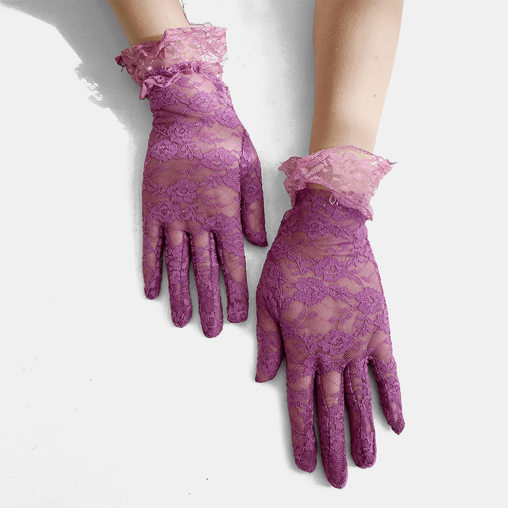 Women Lace Breathable Mesh Full Finger Gloves Summer Thin Sunshade Short Split Finger Gloves - MRSLM