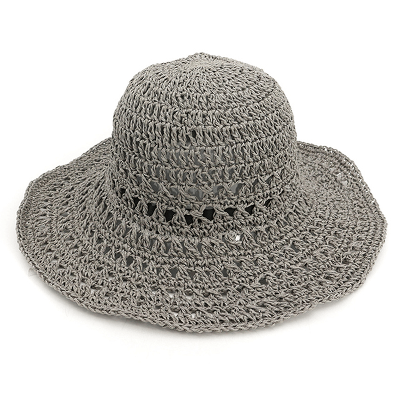 Women Summer Hollow Out Bucket Hat Outdoor Dress Beach Folding Woven Visor - MRSLM