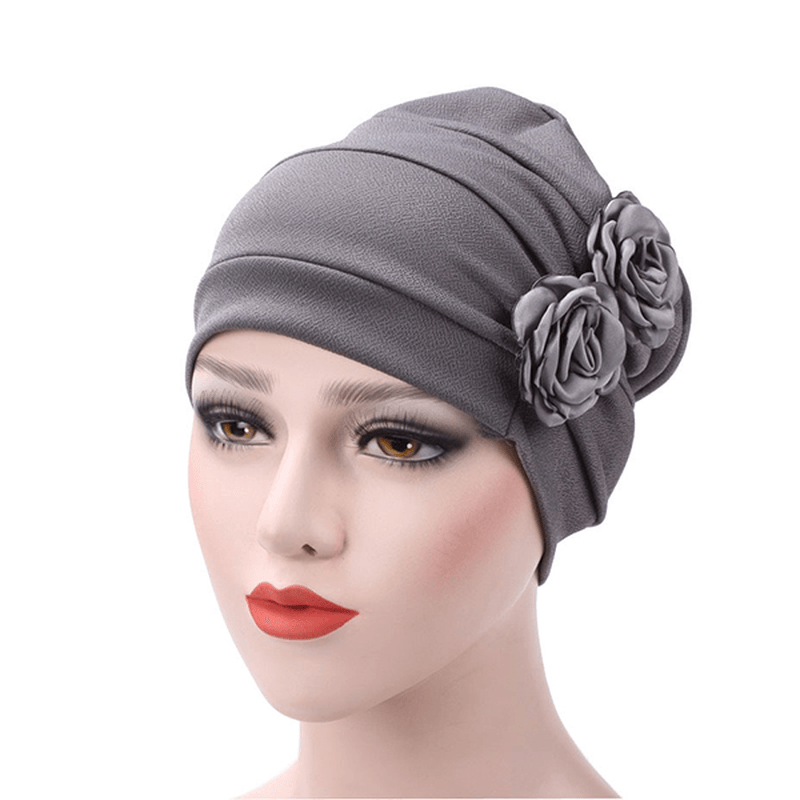 Womens New Side Paste Large Flower Solid Beanie Cap Casual Cotton Outdoor Bonnet Hat - MRSLM