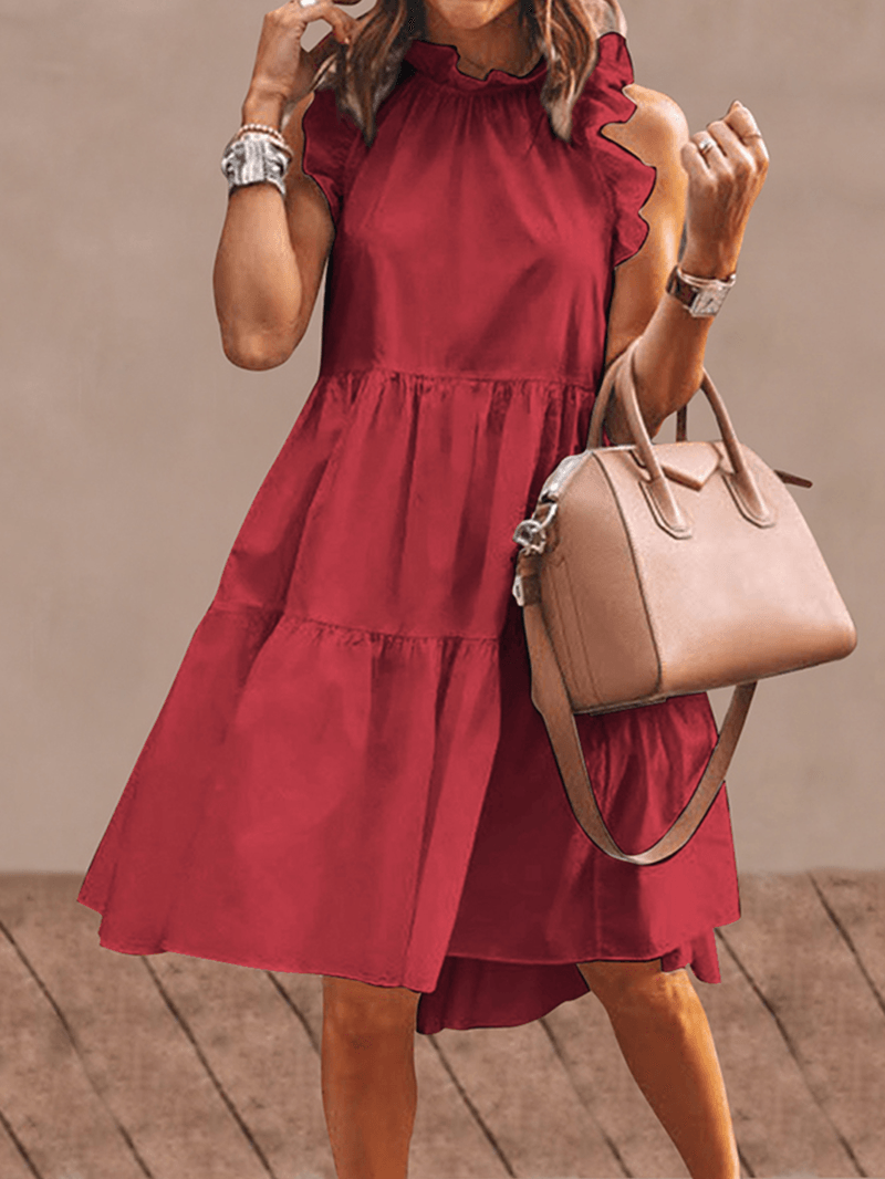 Women Solid Color Ruffles Trim Sleeveless Simple Midi Dresses - MRSLM