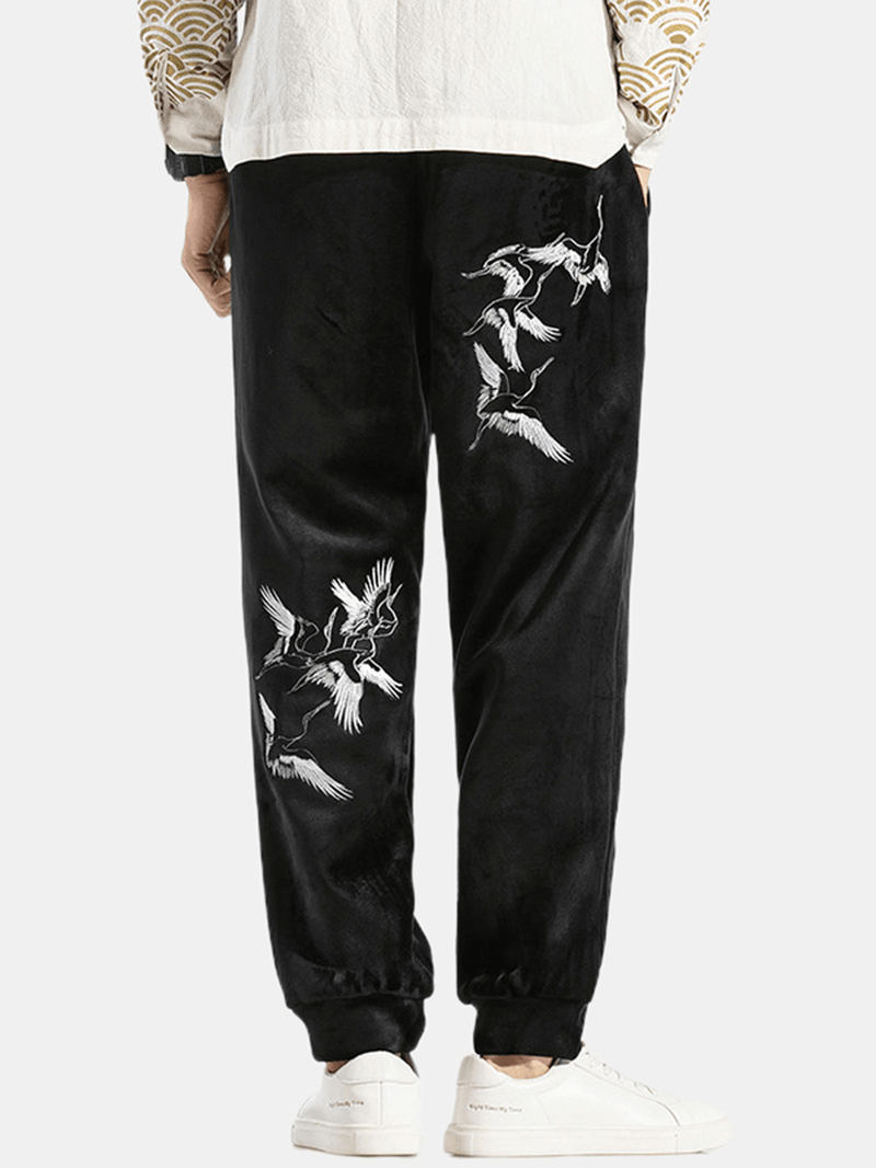 Men'S Casual Chinese Style Fashion Crane Embroidery plus Velvet Thick Warm Loose Pants - MRSLM