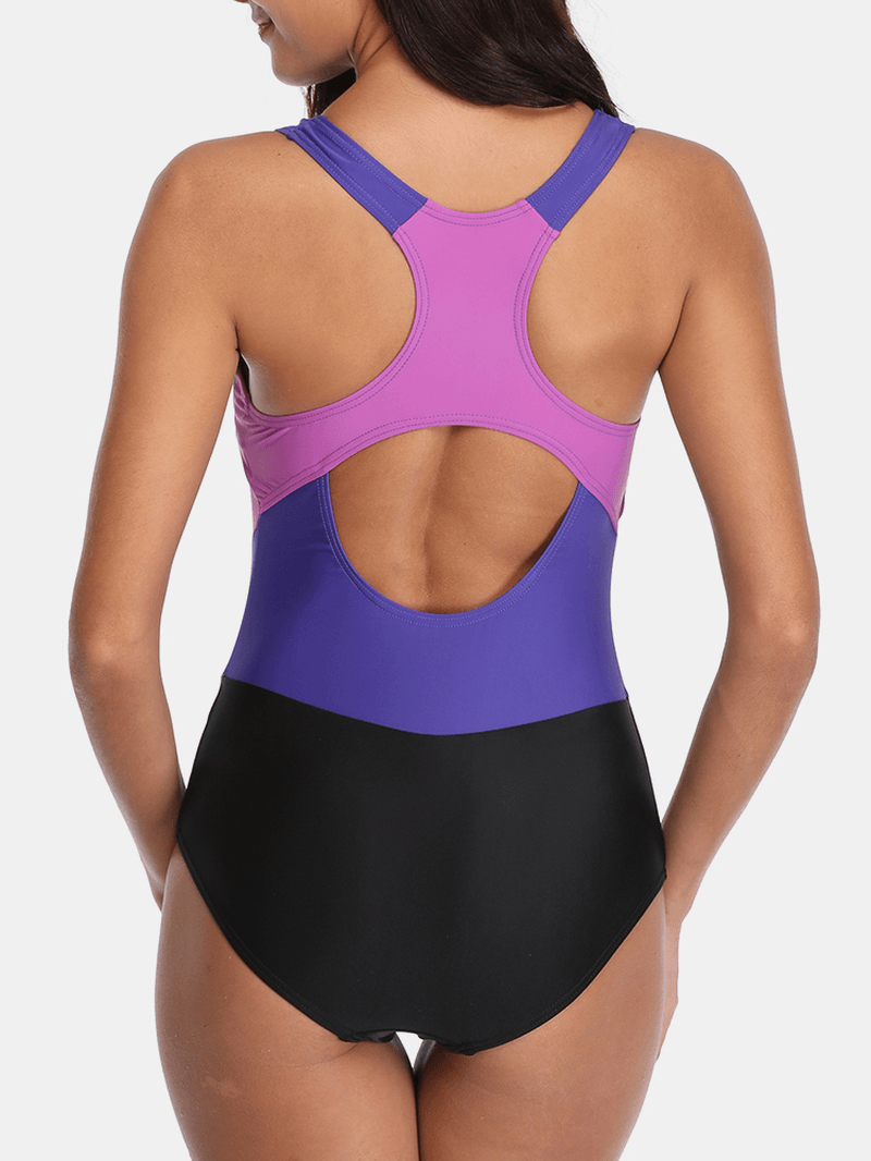 Women Contrast Color Cover Belly One Piece Criss Cross Backless Hawaii Swimwear - MRSLM