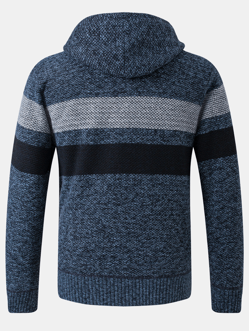 Mens Stripe Colorblock Zipper Thick Warm Knitting Sweater Hoodie Jacket - MRSLM