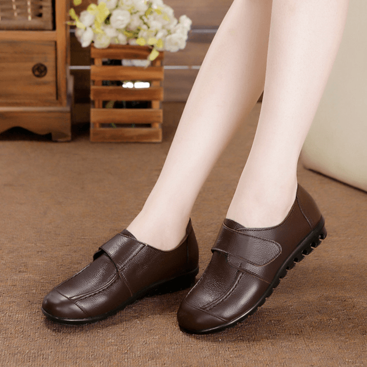 Women Soft Leather Slip on Flat Shoes Magic Stick Pure Color Comfy Flat Loafers - MRSLM