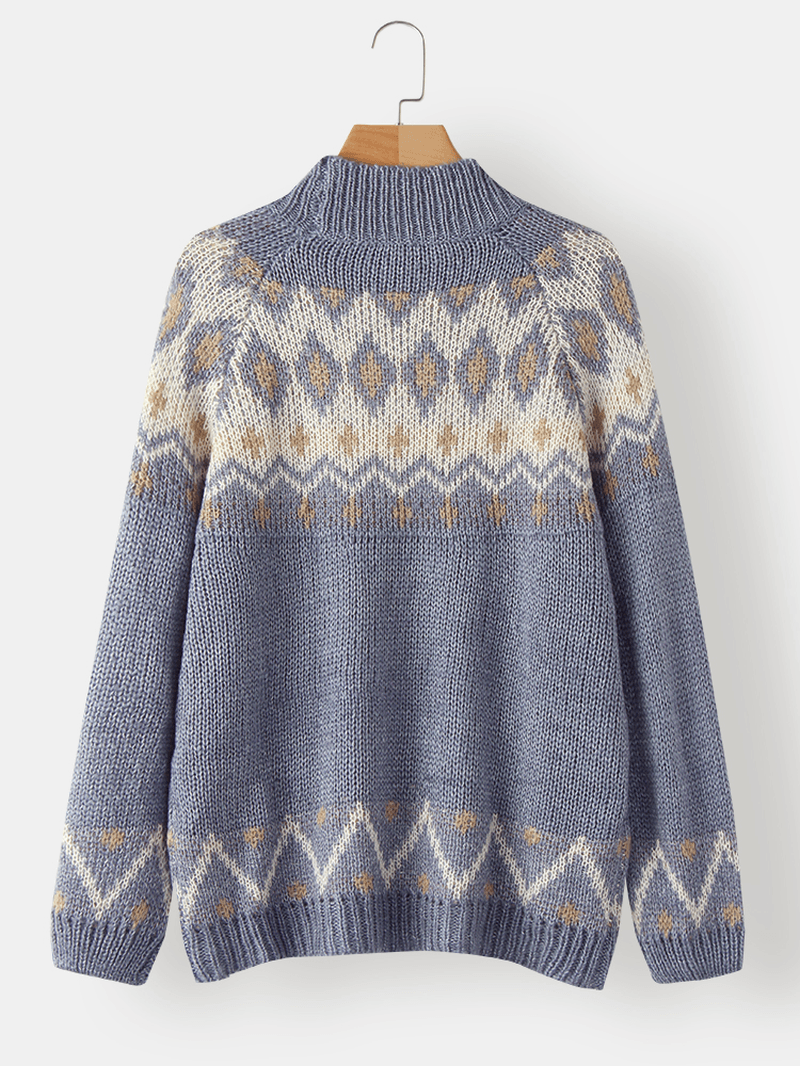 Women Vintage Pattern Knit Raglan Sleeve Casual Pullover Sweaters - MRSLM