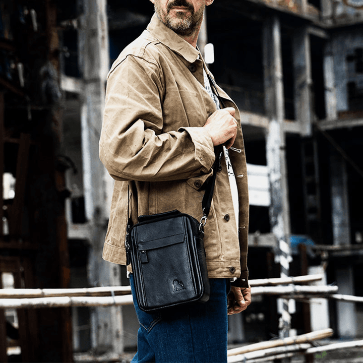 Men Genuine Leather Retro Business Small Cowhide Leather Shoulder Bag Crossbody Bag - MRSLM