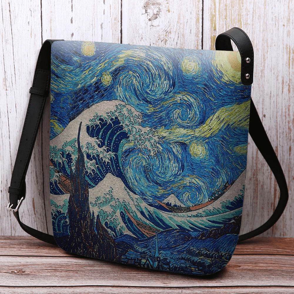 Women Felt Sea Wave Starry Sky Pattern Oil Painting Style Prints Crossbody Bag Shoulder Bag - MRSLM