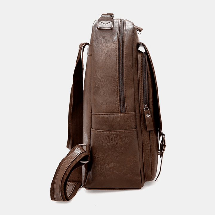 Men PU Leather Vintage Business Waterproof Wear-Resistant Large Capacity 15.6 Inch Laptop Bag Backpack - MRSLM