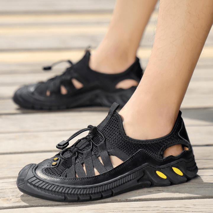 Men Leather Mesh Breathable Non Slip Soft Bottom Comfy Outdoor Casual Shoes - MRSLM