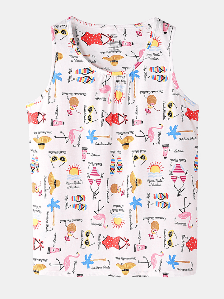 Plus Size Women Funny Cartoon Print Home Sleeveless Softies Vest Pajama Set - MRSLM