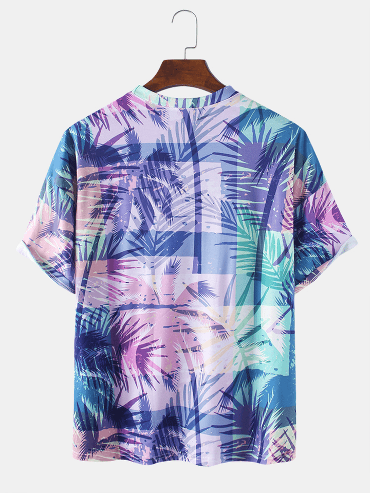 Cotton Mens Colorful Tropical Plant Leaves Print Holiday Short Sleeve T-Shirts - MRSLM