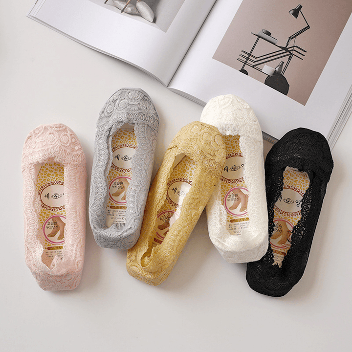 Women Girls Lace Boat Socks Silicon Antiskid Invisible Liner No Show Peep Low Cut Hosiery - MRSLM