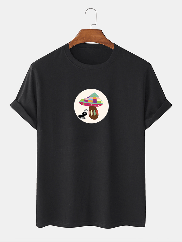 Mens Cartoon Ant Mushroom Graphic Print O-Neck 100% Cotton T-Shirt - MRSLM
