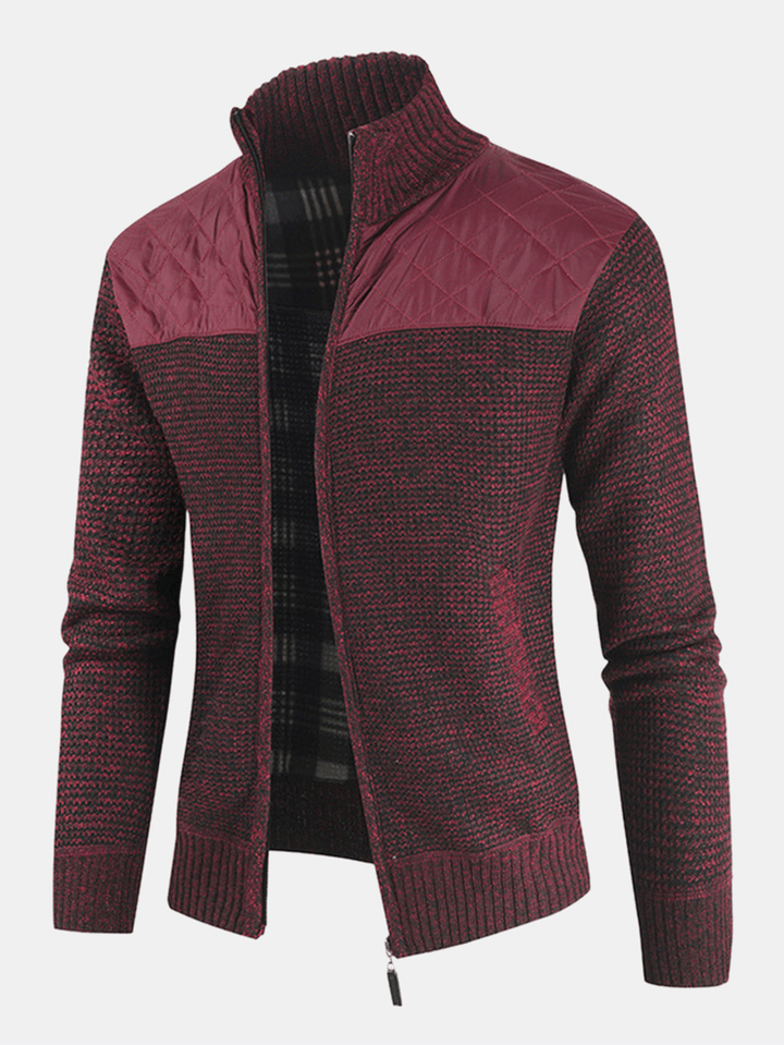 Mens Patchwork Zip Front Stand Collar Knit Casual Cardigans with Pocket - MRSLM