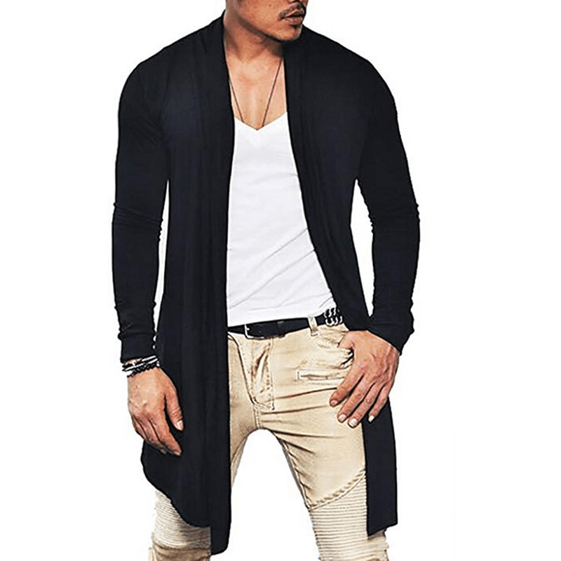 Mens Spring Fall Mid Long Solid Color Casual Cardigans with Pocket Jacket - MRSLM