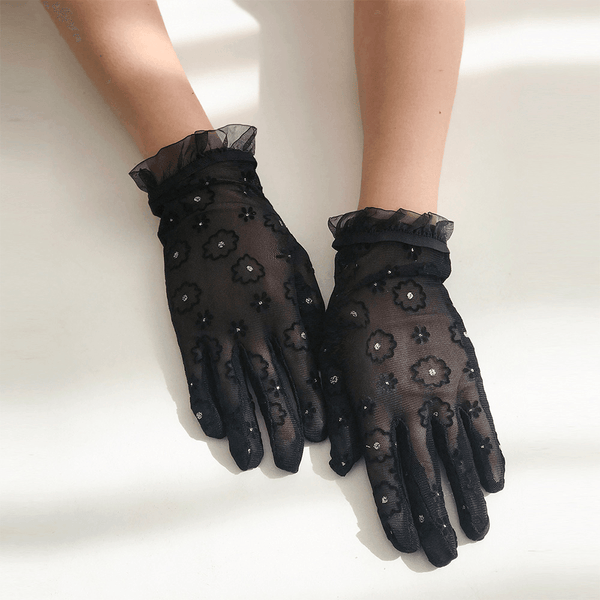 Women Flower Rhinestone Decorate Lace Gloves Fashion Fabric Sunshade Breathable Short Split Finger Gloves Full Finger Gloves - MRSLM