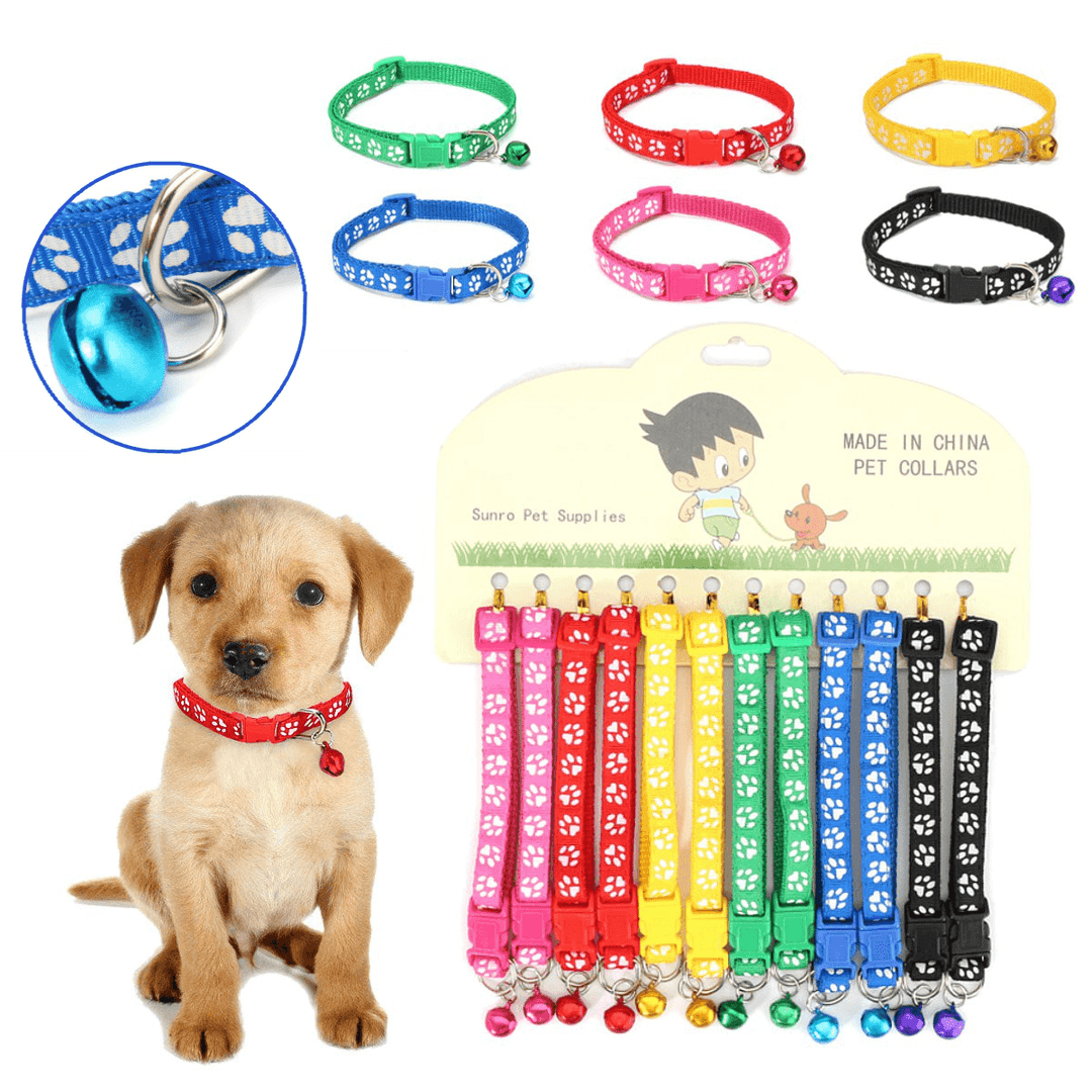 12Pcs/Lot Mulit-Color Dog Collars Pet Cat Nylon Collar Bell Necklace Buckle - MRSLM