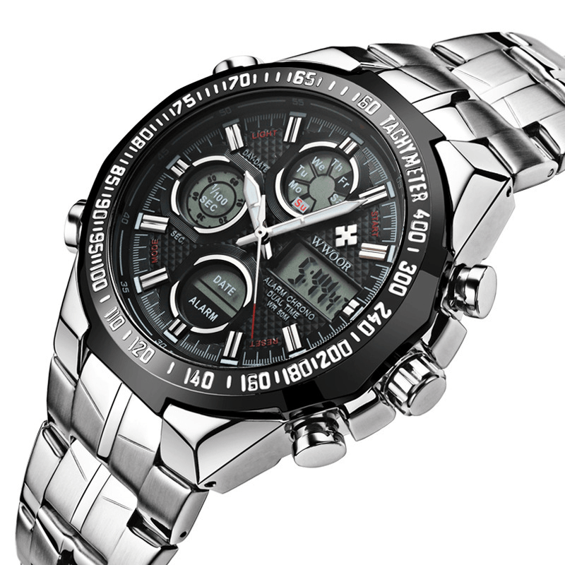 WWOOR 8019 LED Alarm Digital Watch Full Steel Business Style Dual Display Watch - MRSLM