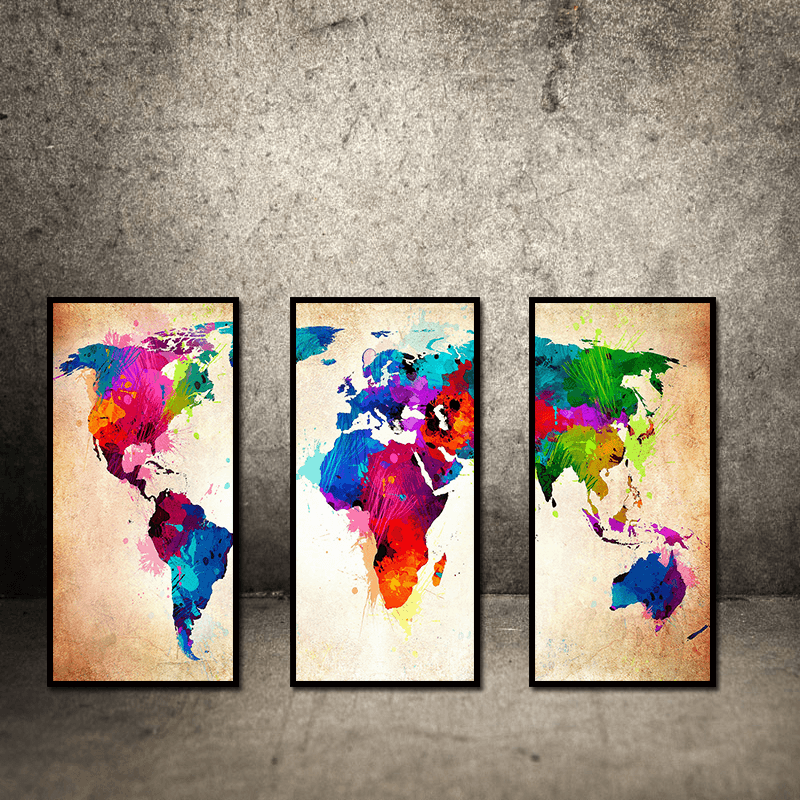 Miico Hand Painted Three Combination Decorative Paintings Colorful World Map Wall Art for Home Decoration - MRSLM