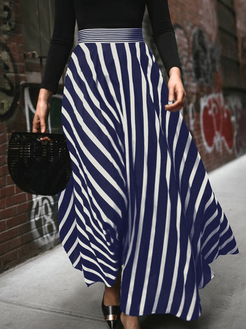 Stripe Print Elastic Waist Back Zipper Leisure Maxi Skirts - MRSLM