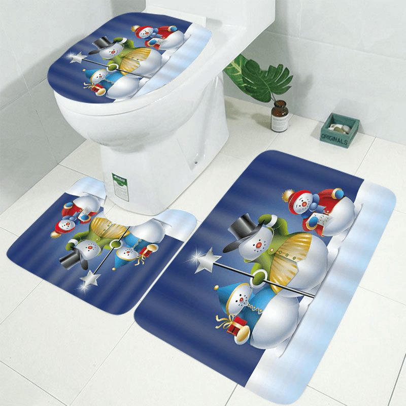 Bathroom Christmas Snowman Shower Curtain & 3PCS Mat Set Toilet Cover 180*180CM - MRSLM