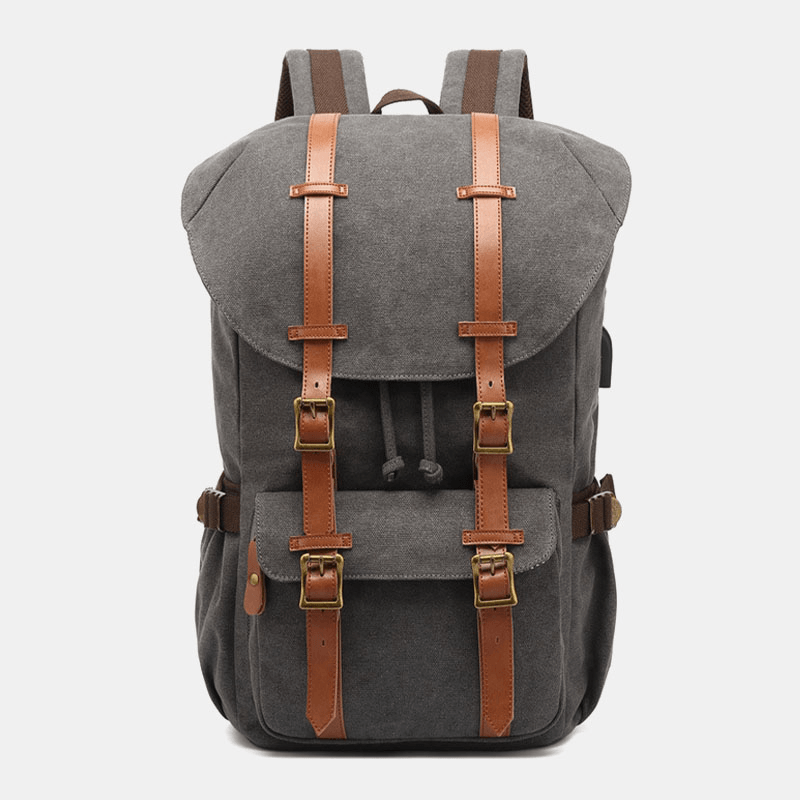 Men Genuine Leather and Canvas USB Charging Retro Travel Outdoor Large Capacity Backpack - MRSLM