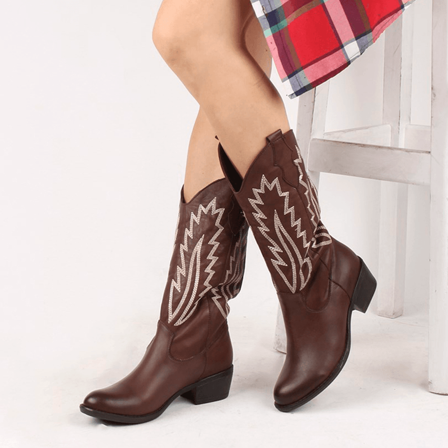 Women Retro Embroidery Leather England Style V-Cut Slip on Casual Martin Knight Boots - MRSLM