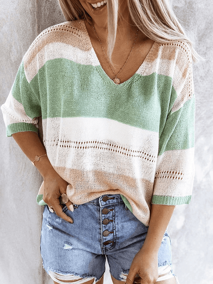 Casual Loose Color Block V-Neck Long Sleeve Sweaters - MRSLM