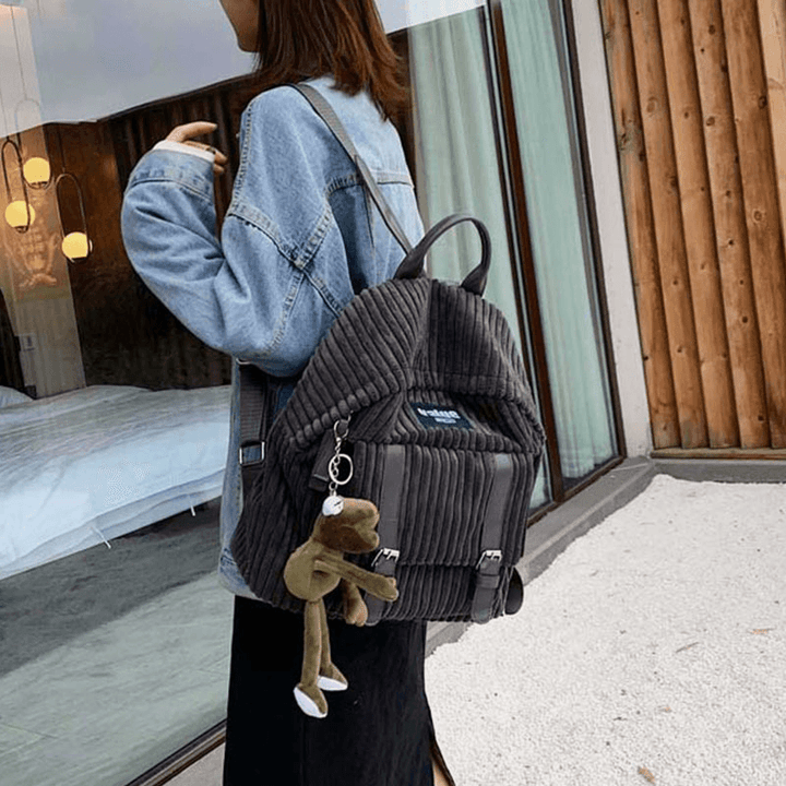 Women Corduroy Solid Color Outdoor Student School Bag Wear-Resistance Casual Backpack - MRSLM