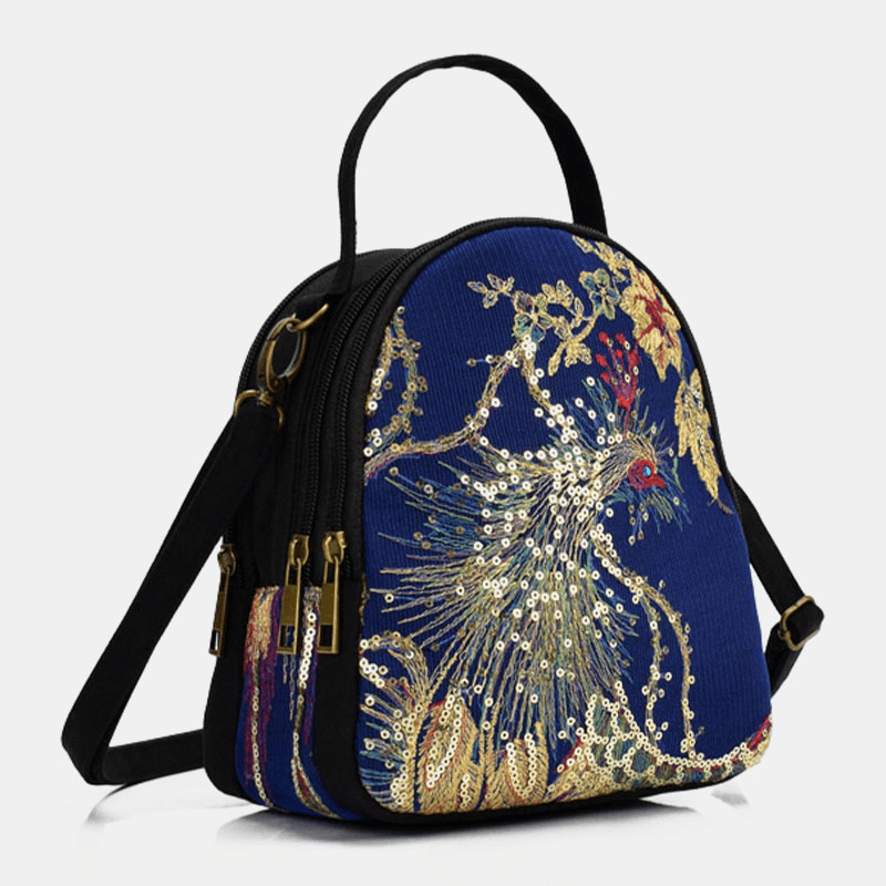 Women Canvas Ethnic Style Embroidery Peacock Pattern Sequin Mini Multi-Carry Handbag Crossbody Bag - MRSLM