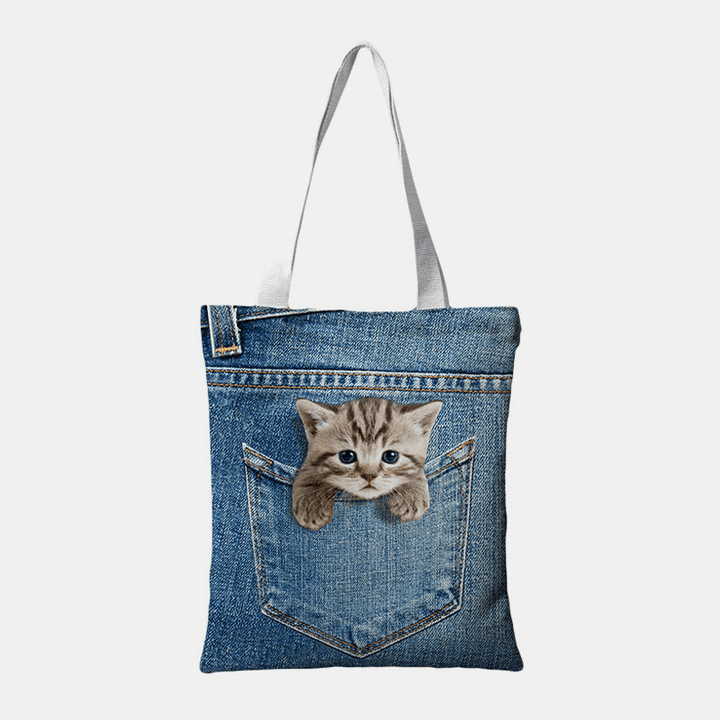 Women Canvas Cat Dog inside Jeans Pattern Large Capacity School Bag Shoulder Bag Handbag Tote - MRSLM