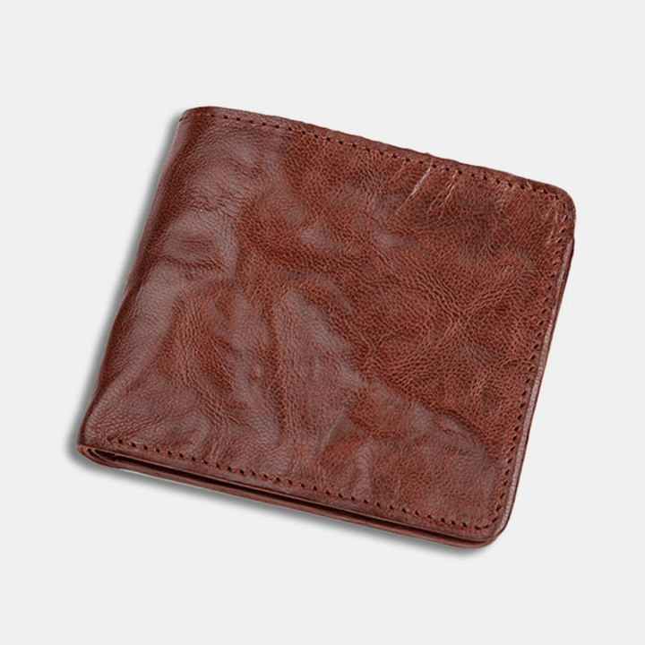 Men Genuine Leather Vintage Business Vegetable Tanned Cowhide Wear-Resistant Bifold Short Money Clips Coin Wallet - MRSLM
