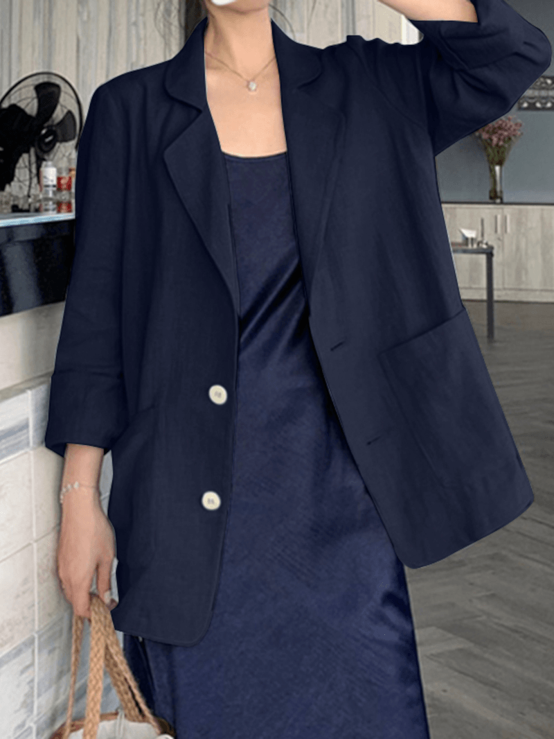 100% Cotton Solid Full Sleeve Lapel Loose Coat with Side Pockets for Women - MRSLM