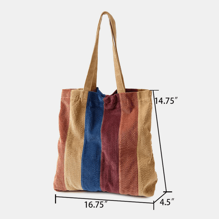 Women Corduroy Colored Striped Front Pocket Tote Large Capacity Vintage Shoulder Bag Handbag - MRSLM