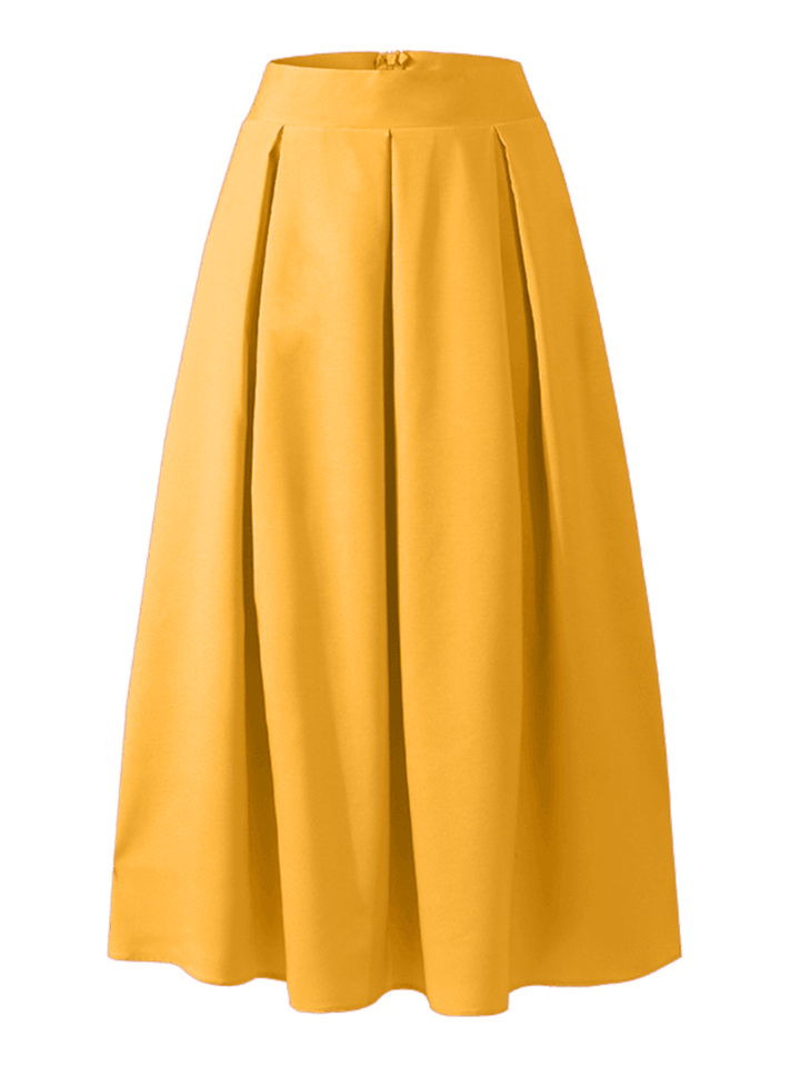 Women Solid Color High Waist Big Swing Zipper Casual Loose Long Skirt with Pocket - MRSLM