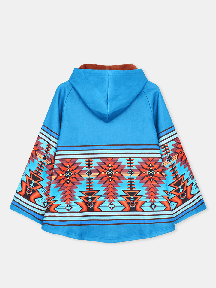 Women Ethnic Pattern Print Button Woolen Hooded Long Sleeve Casual Coat - MRSLM
