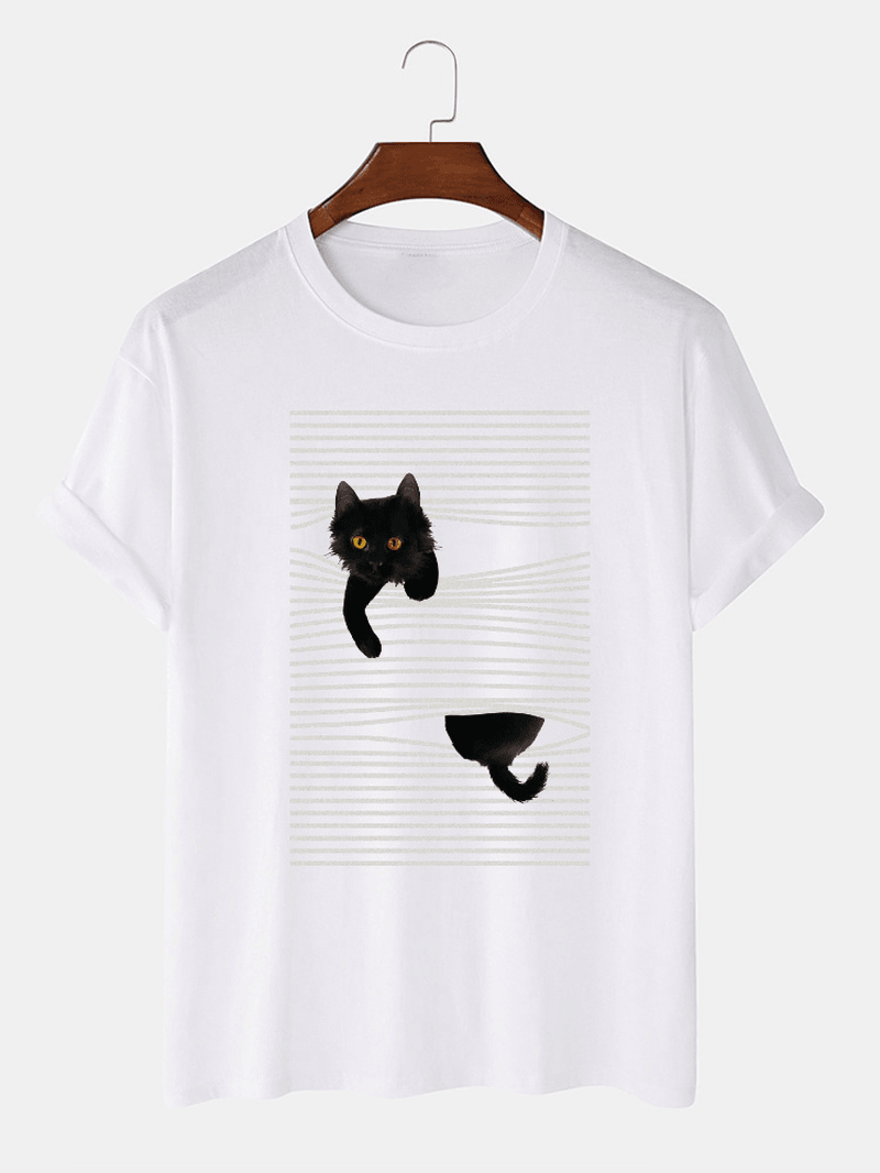Mens Cotton Line & Cartoon Cat Print Short Sleeve Cute T-Shirts - MRSLM