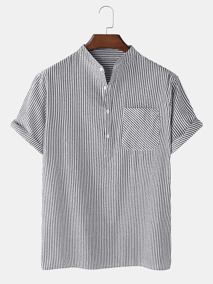 Men Cotton Bubble Pit Striped Chest Pocket Stand Collar Casual Henley Shirts - MRSLM