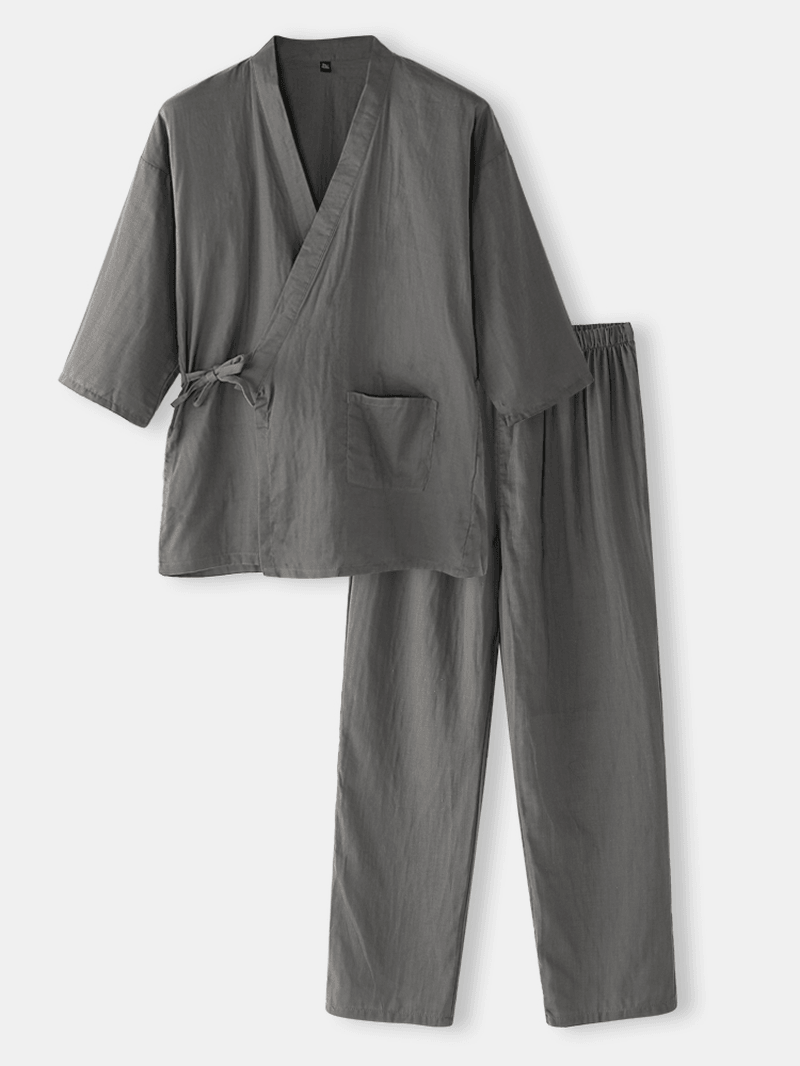 Cotton Mens Solid Color Japanese Style Kimono Bathrobes Home Pajama Set - MRSLM