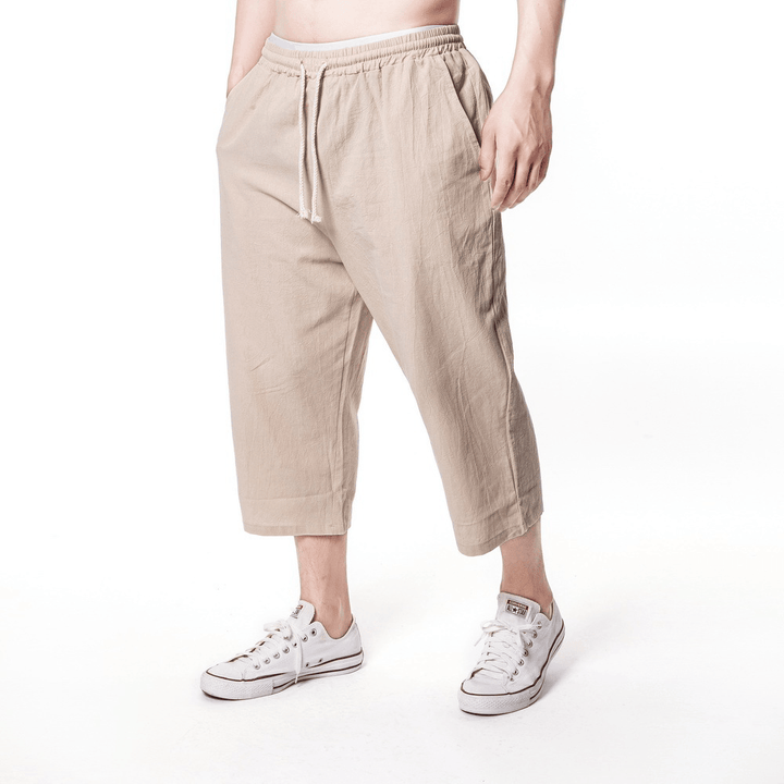 Mens Linen Solid Color Drawstring Casual Pants - MRSLM