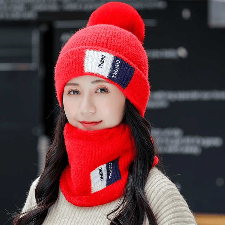 Unisex 2PCS plus Velvet Thicken Warm Windproof Neck Face Protection Riding Knitted Hat Scarf - MRSLM