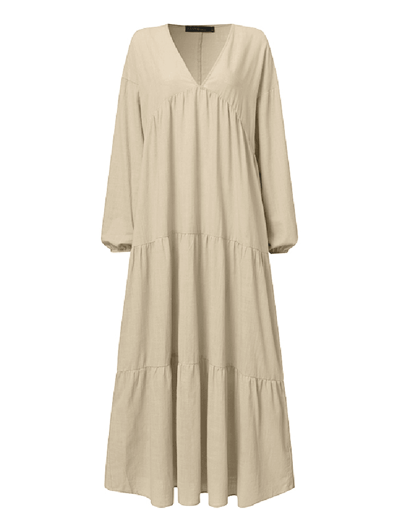 Women V-Neck Cotton Long Sleeve Puff Sleeve Maxi Dresses with Side Pockets - MRSLM