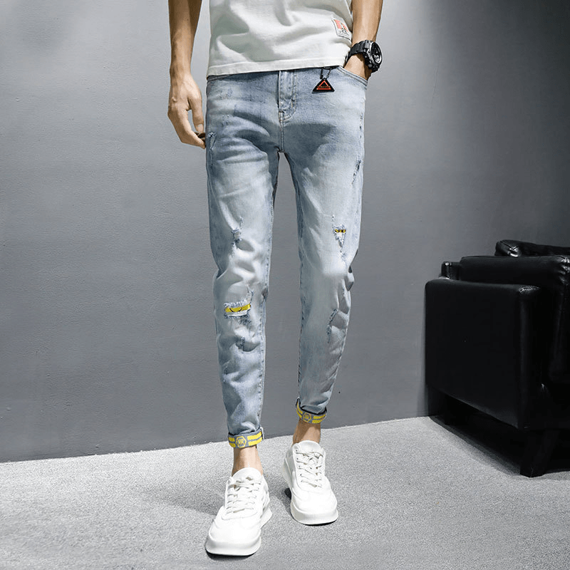 Jeans Men'S Trendy Brand Spring and Autumn New Slim Casual Nine-Point Pants Men'S Trousers - MRSLM
