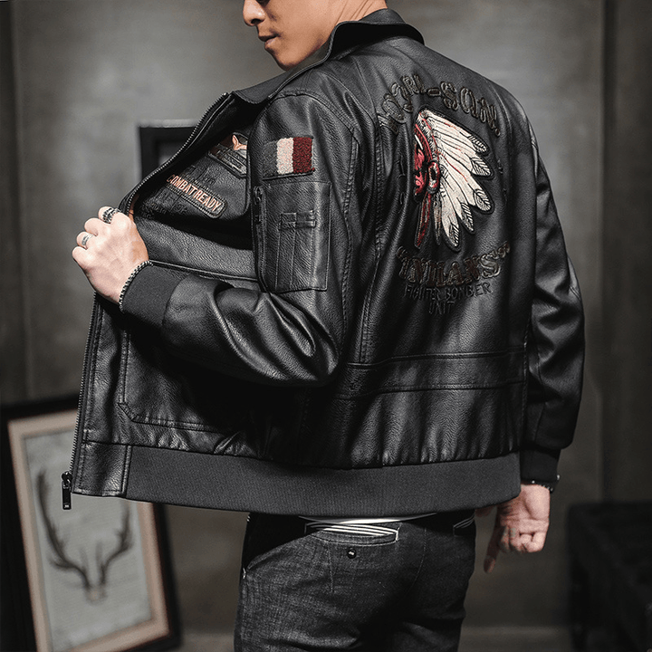 Men'S Pu Leather Jacket Men'S Lapel Embroidery Motorcycle Jacket - MRSLM