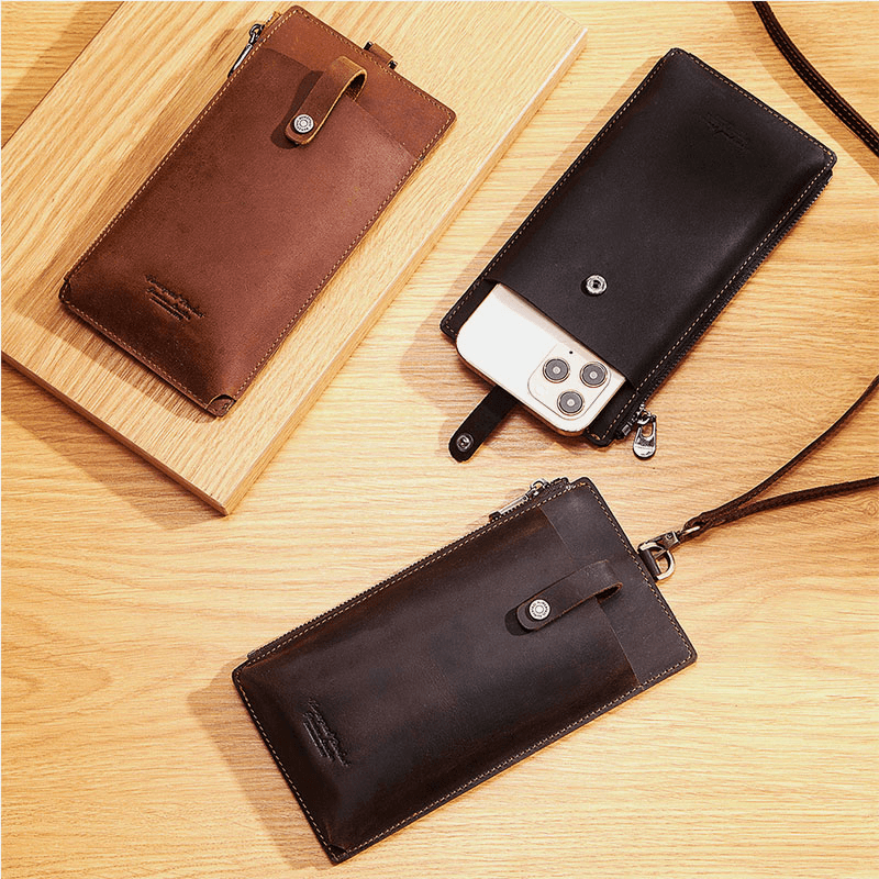 Unisex Genuine Leather Cowhide Zipper Buckle Retro 6.3 Inch Phone Bag Clutch Wallet - MRSLM